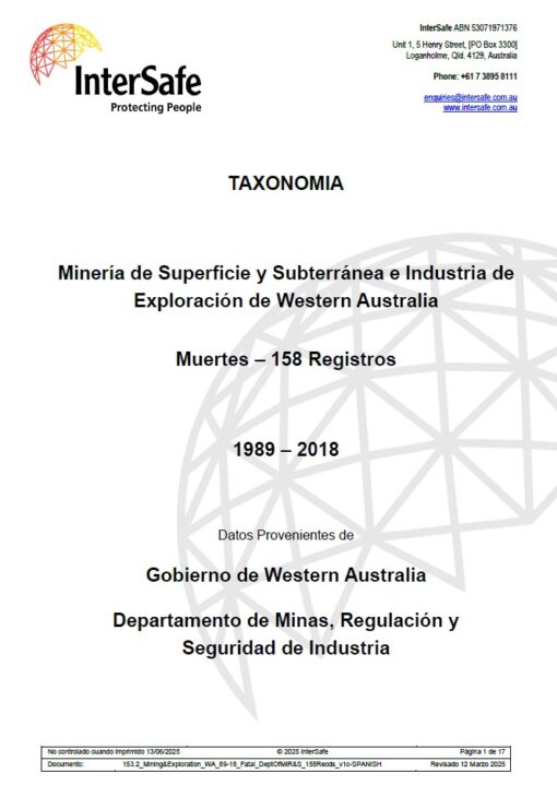 Mineria de Superficie y Subterránea e Industria de Exploración de Western Australia Muertes – 158 Registros | 1989 – 2018