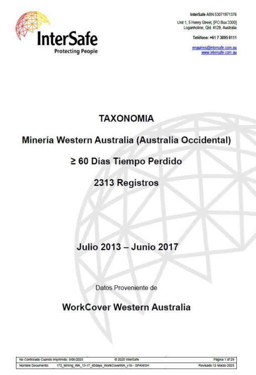 Mineria Western Australia (Australia Occidental) - >60 Dias Tiempo Perdido - 2313 Registros | Julio 2013 - Junio 2017